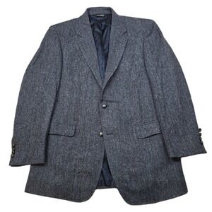 Jos A Bank Harris Tweed Blazer Mens 44L‎ Blue Herringbone Wool Sport Coat Jacket
